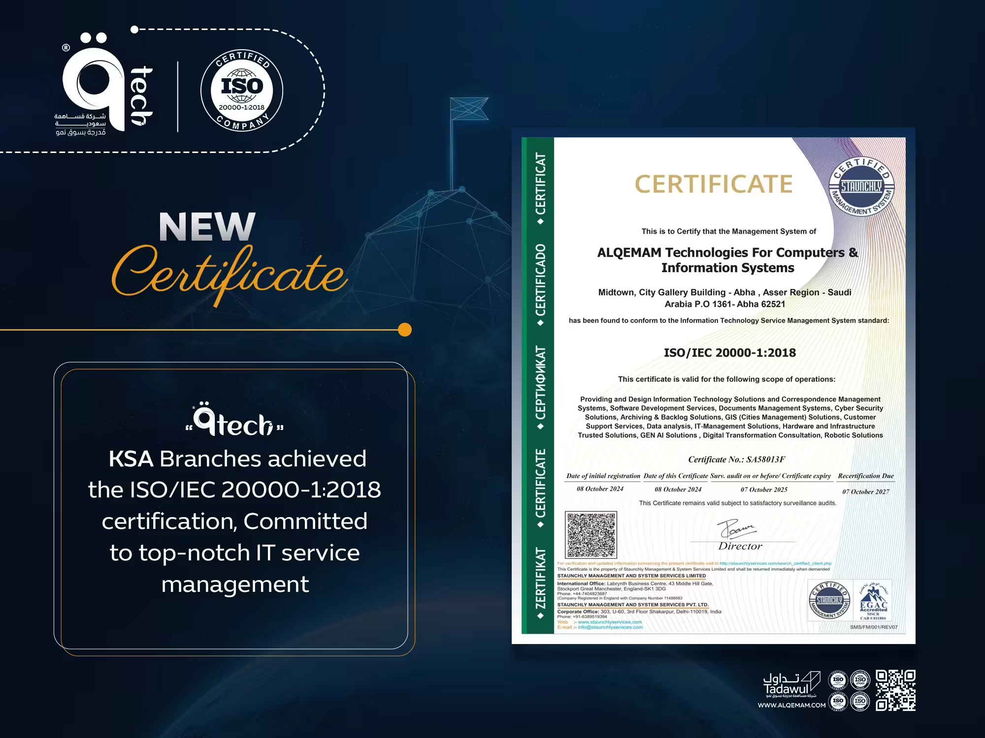 فروع "القمم" بالمملكة تحصل على شهادة SO/IEC 20000-1:2018